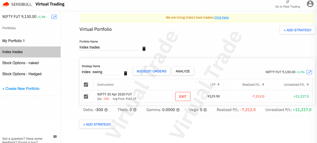Sensibull virtual options trading portfolio screenshot
